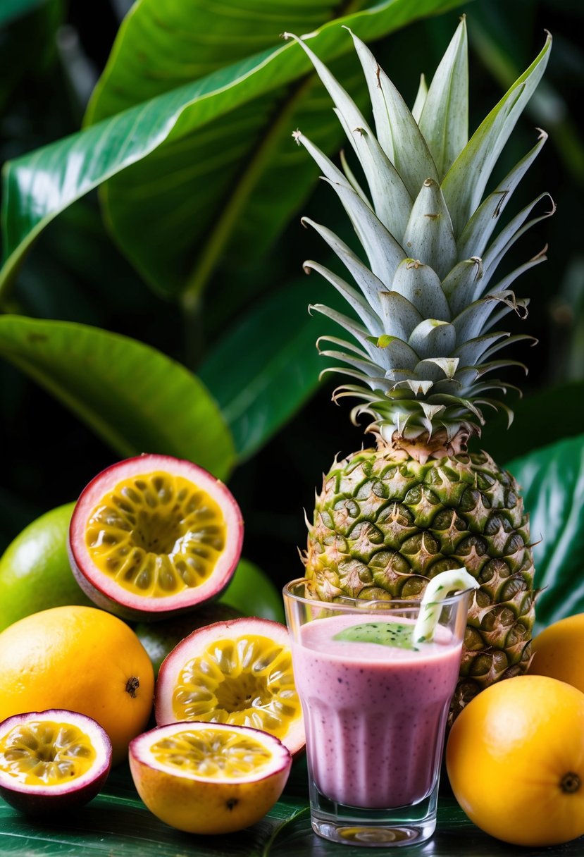 A tropical scene with ripe passion fruit and pineapple, surrounded by lush green foliage and a refreshing glass of passion fruit smoothie