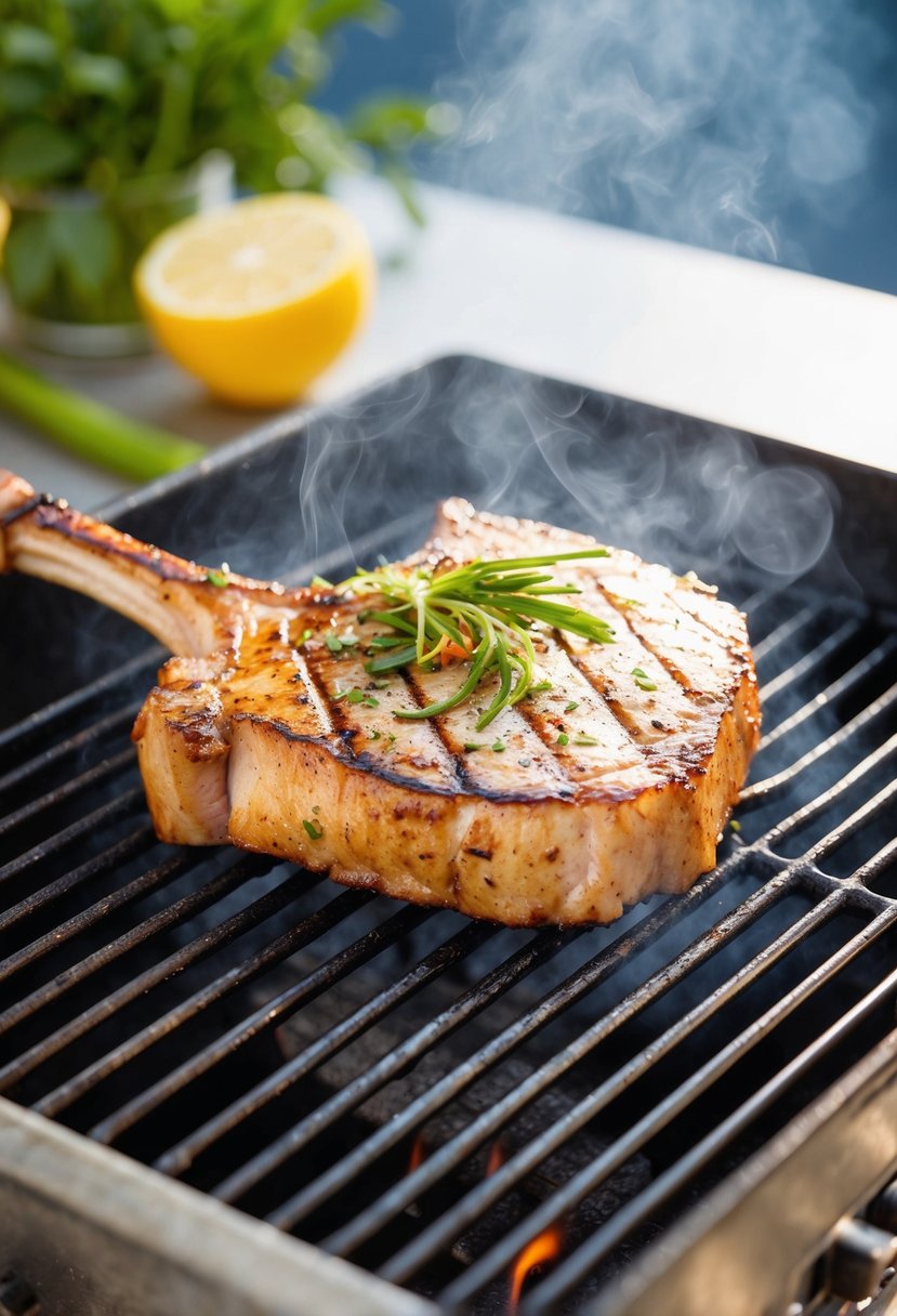 A sizzling pork chop on a grill with lemongrass and herbs