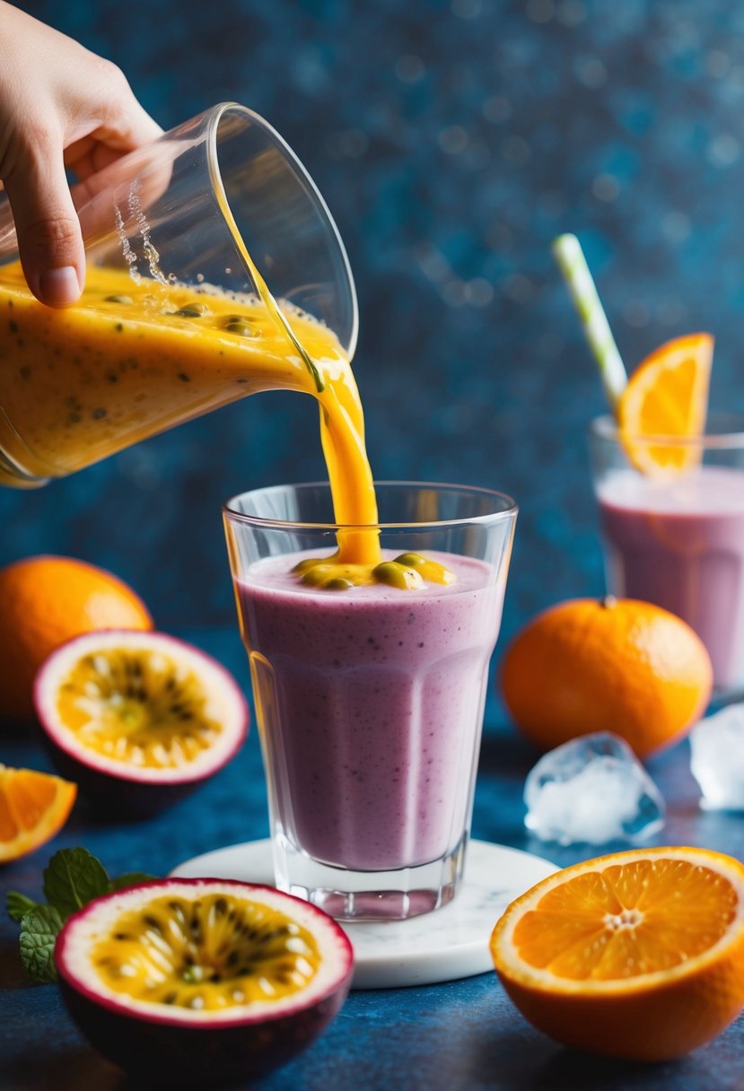 A vibrant passion fruit and orange smoothie being poured into a glass with fresh fruits and ice in the background