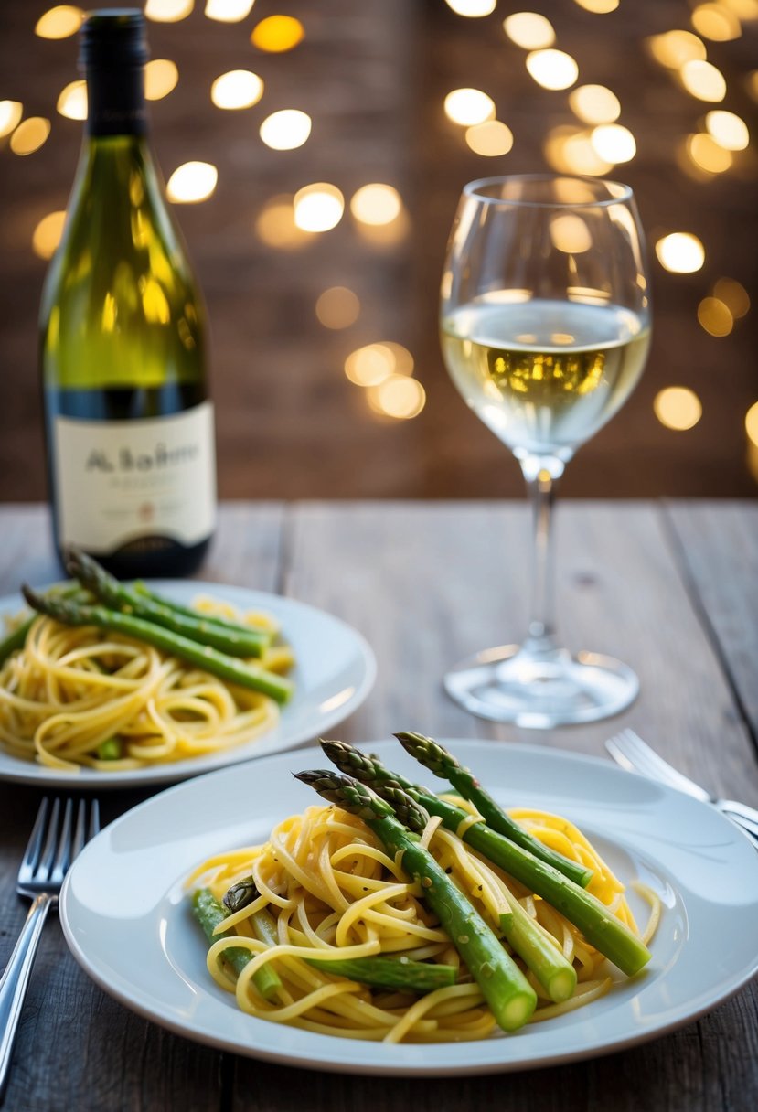 A steaming plate of albariño asparagus pasta next to a glass of white wine