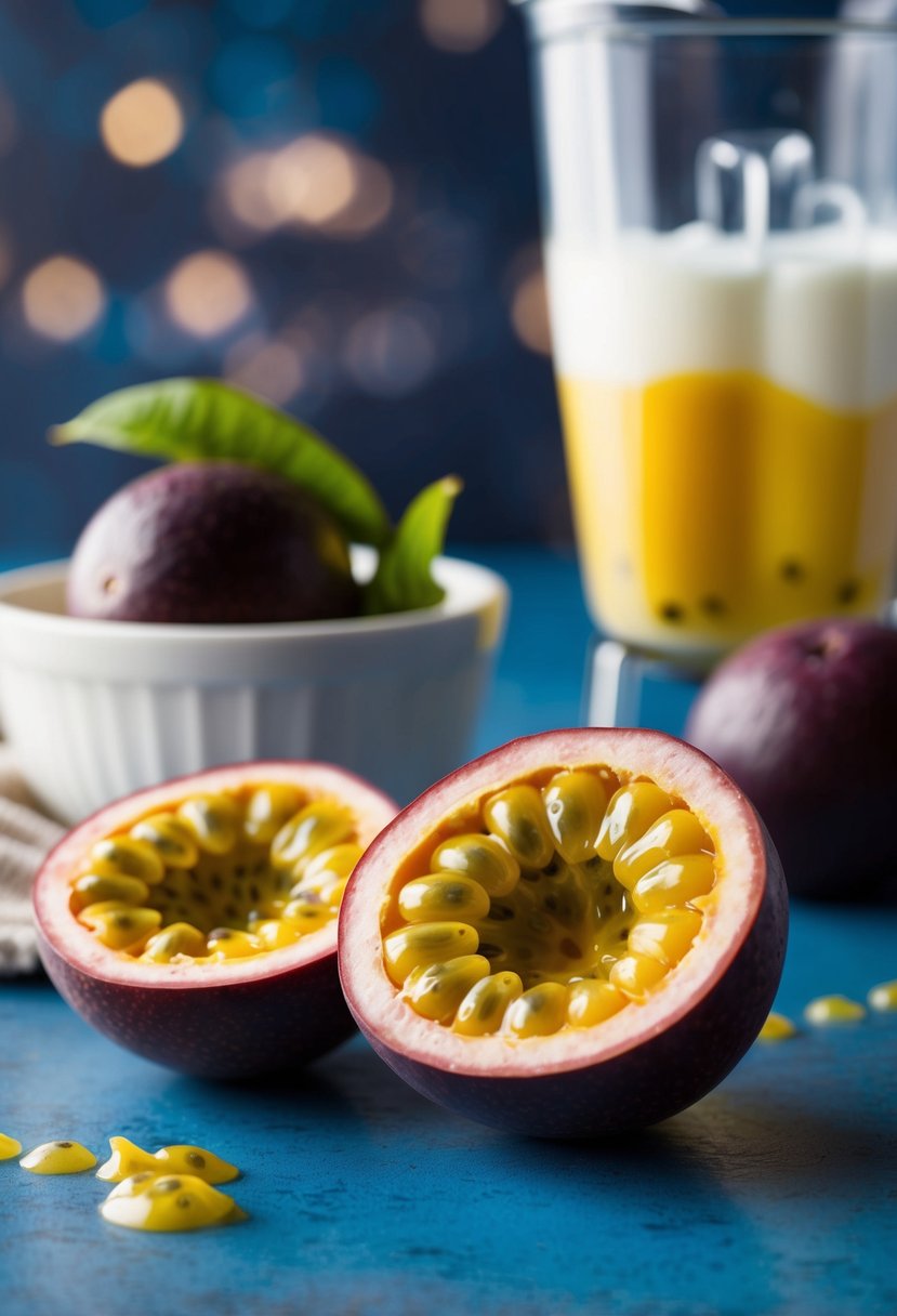 A ripe passion fruit split in half, with creamy Greek yogurt and a blender in the background