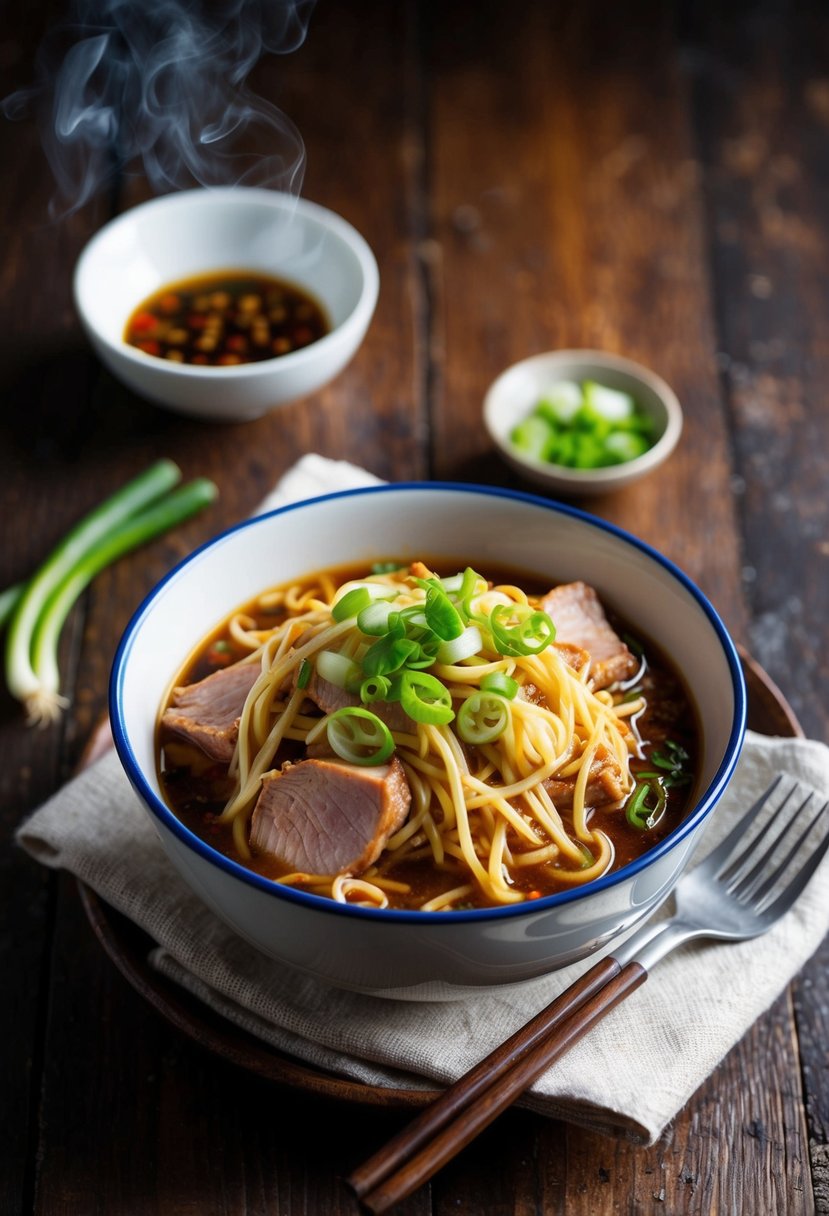 A steaming bowl of Pork Dan Dan Noodles sits on a rustic wooden table, garnished with green onions and chili oil