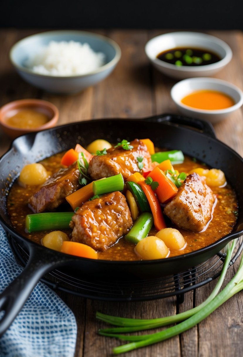 A sizzling skillet of sweet and sour pork with colorful veggies and a tangy sauce