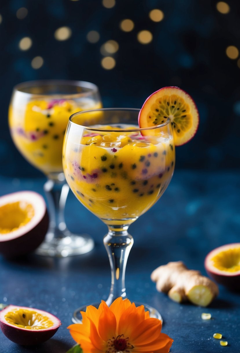 A glass filled with a vibrant, swirling blend of passion fruit, ginger, and other zesty ingredients, garnished with a slice of fresh fruit