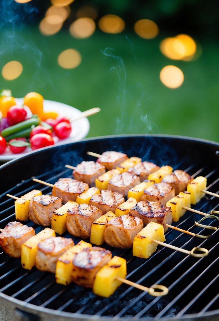 Pork and pineapple skewers grilling on a barbecue