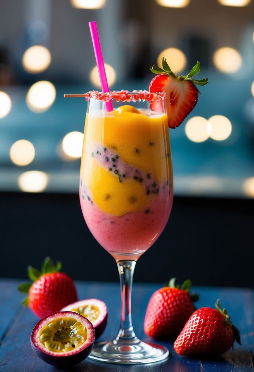 A vibrant blend of passion fruit and strawberry, swirling together in a tall glass with a garnish of fresh fruit on the rim