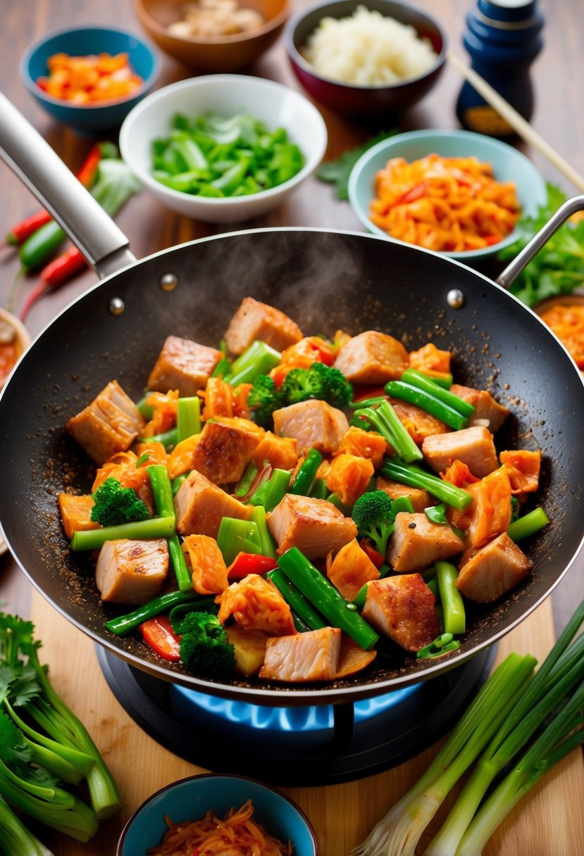 A sizzling wok filled with chunks of pork, vibrant green vegetables, and spicy kimchi, surrounded by colorful ingredients and cooking utensils