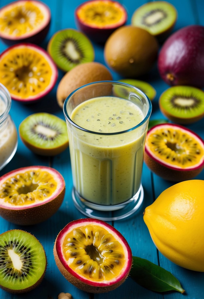 A colorful array of passion fruit and kiwi, surrounded by fresh ingredients and a blender, ready to be transformed into a delicious smoothie