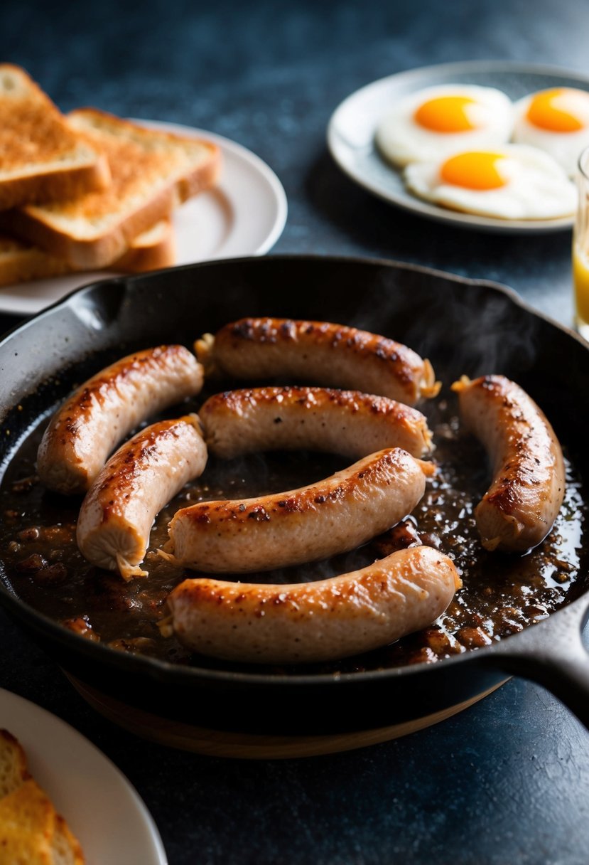 A sizzling pork sausage links cooking in a skillet, accompanied by eggs and toast on a breakfast table