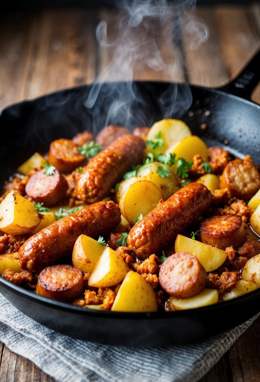 A sizzling skillet filled with spicy chorizo, potatoes, and pork sausage, with steam rising and a golden-brown crust forming on the edges