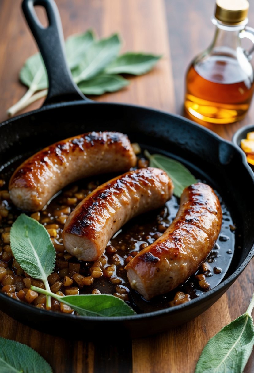 A sizzling pork sausage cooks in a skillet, surrounded by fresh sage leaves and maple syrup