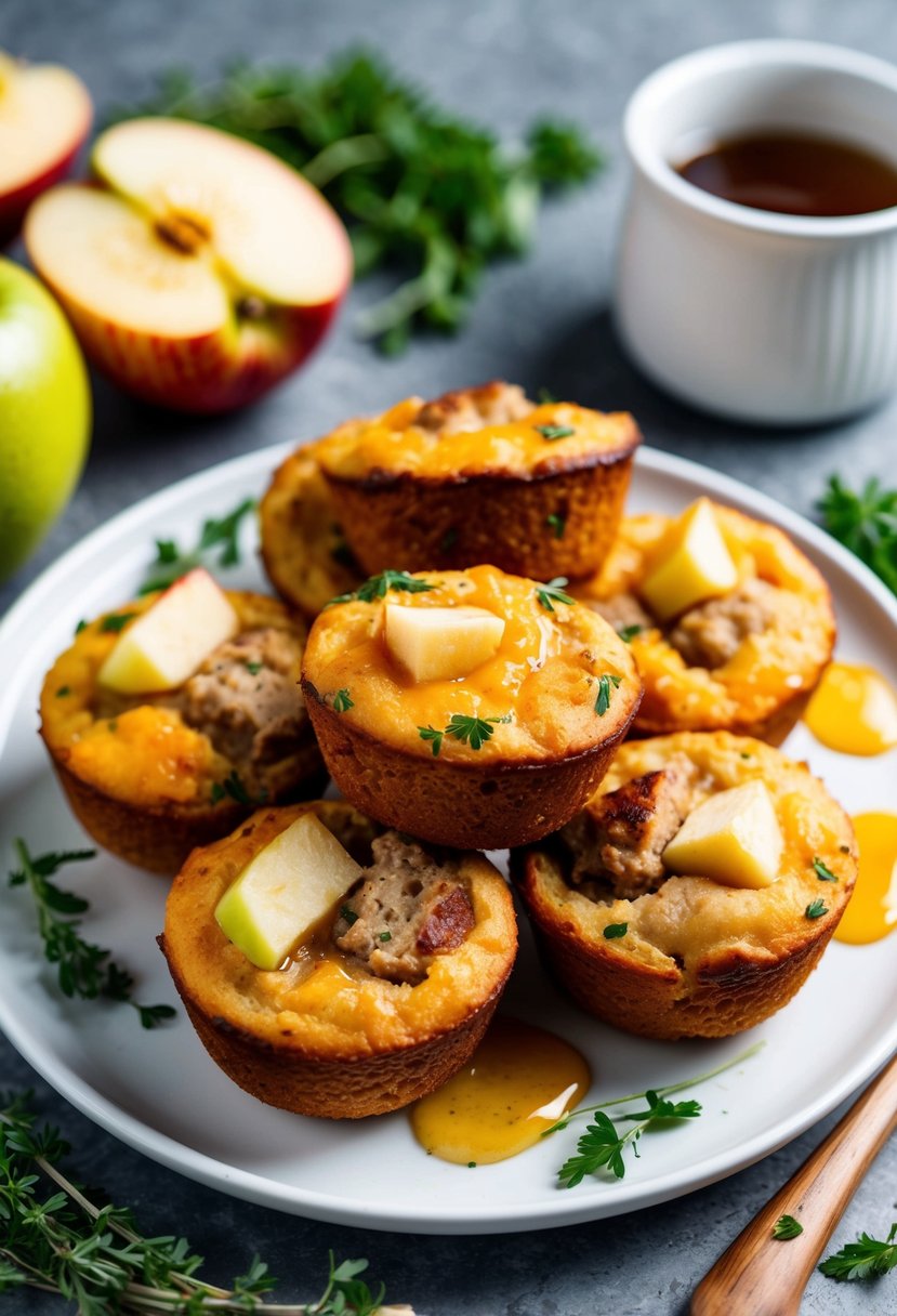 A plate of golden-brown sausage muffins with chunks of apple and melted cheddar, surrounded by fresh herbs and a drizzle of honey