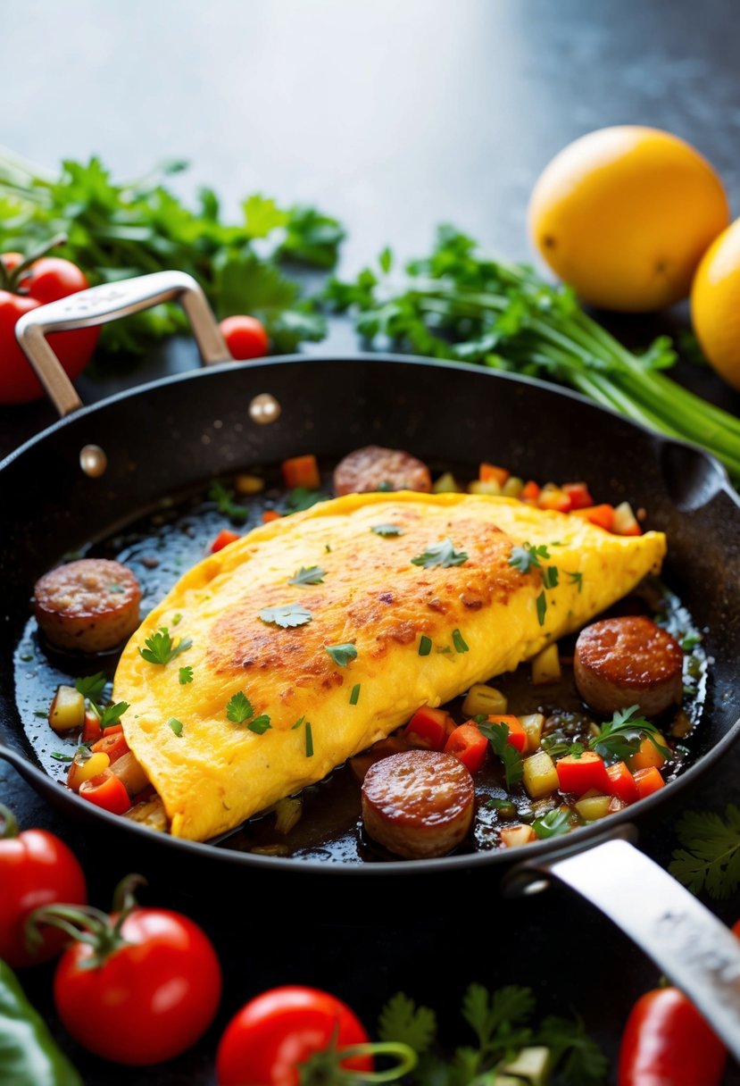 A sizzling Cajun sausage omelette cooking in a hot skillet, surrounded by vibrant vegetables and herbs