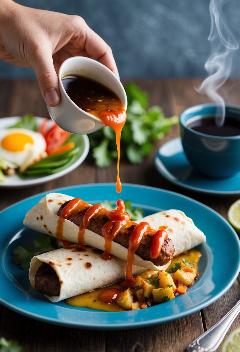 A sizzling pork sausage breakfast burrito being drizzled with Sriracha sauce on a plate, surrounded by fresh ingredients and a steaming cup of coffee