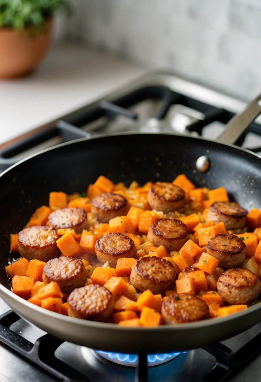 A sizzling skillet of pork sausage and sweet potato hash cooking on a stovetop