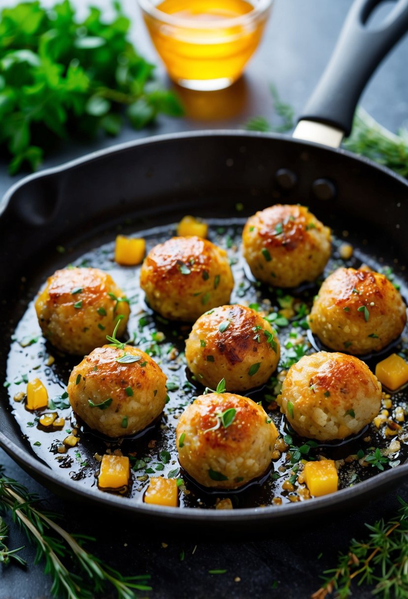 A sizzling skillet of honey garlic breakfast sausage balls, surrounded by fresh herbs and spices