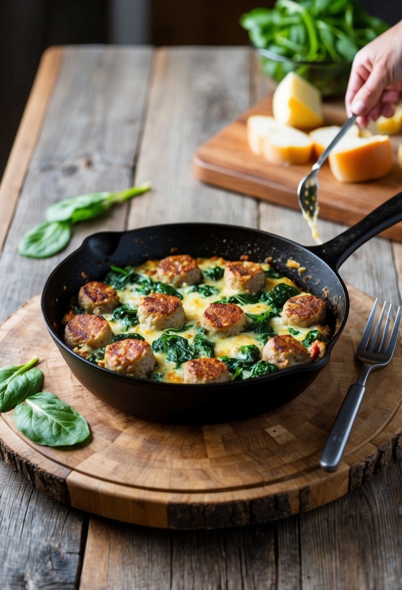 A sizzling skillet of Italian sausage and spinach strata being prepared on a rustic wooden cutting board