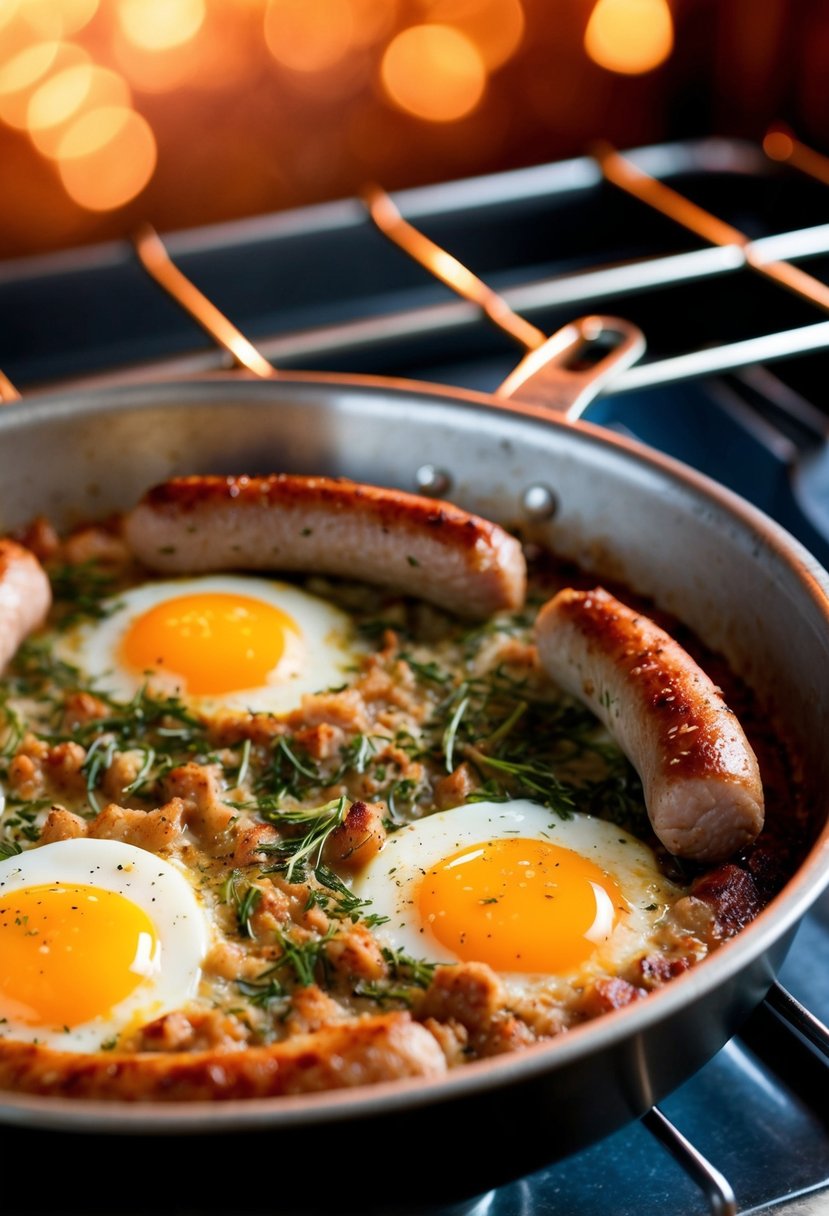 A sizzling pan of herbed pork sausage and eggs baking in the oven