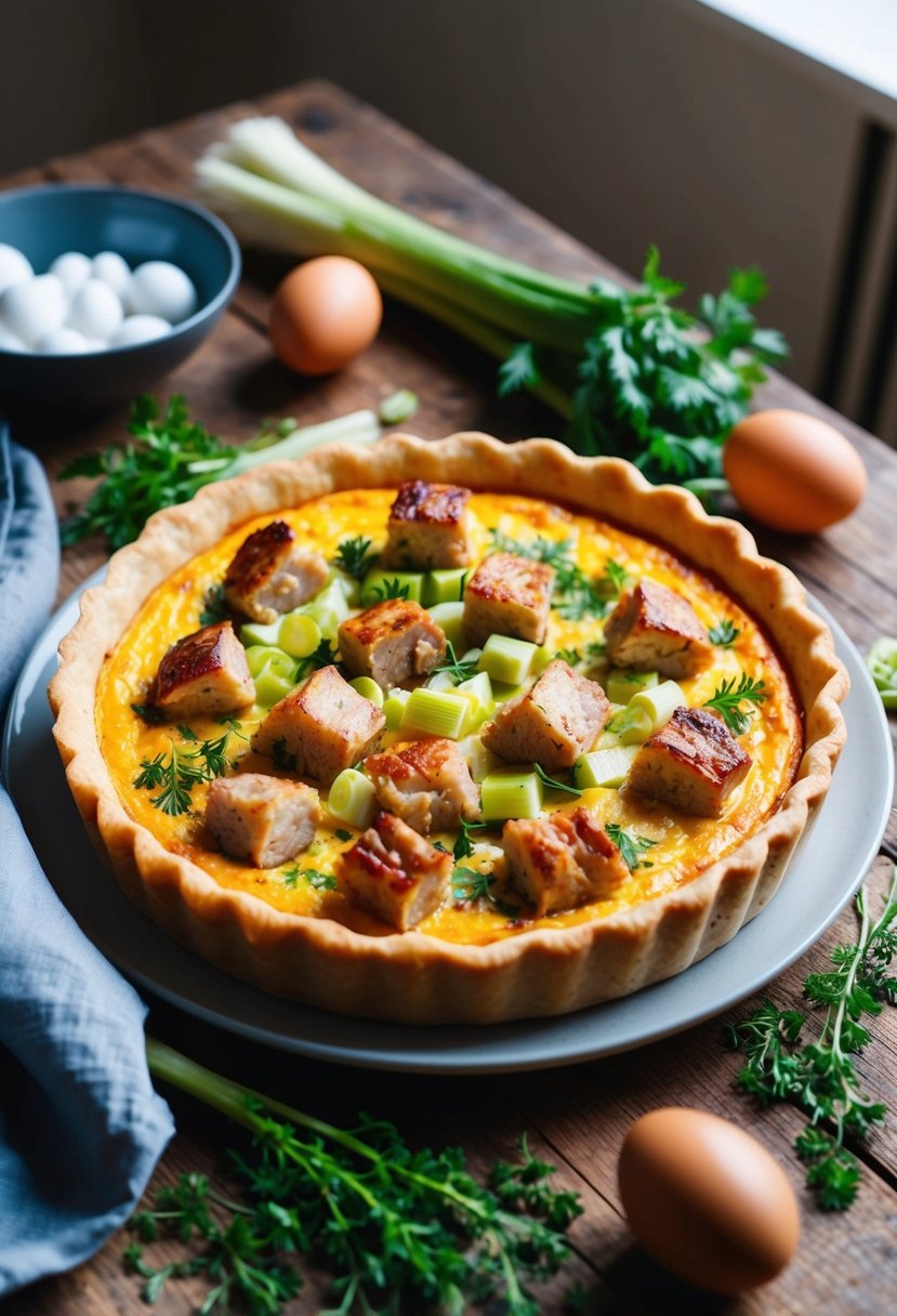 A golden-brown quiche sits on a rustic wooden table, filled with chunks of pork sausage and tender leeks, surrounded by fresh herbs and a scattering of eggs