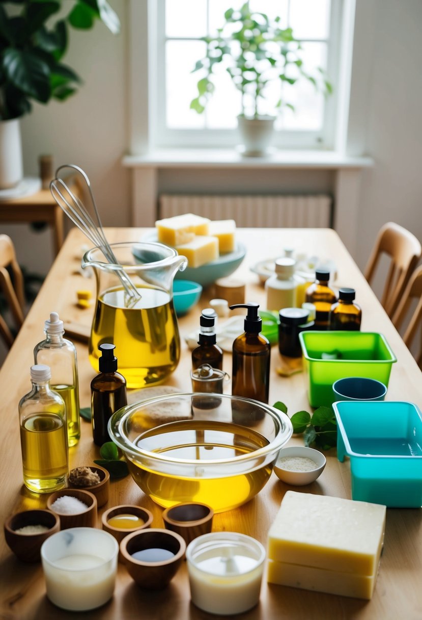 A table filled with ingredients and tools for cold process soap making. Oils, lye, molds, and stirring utensils are arranged in a well-lit workspace