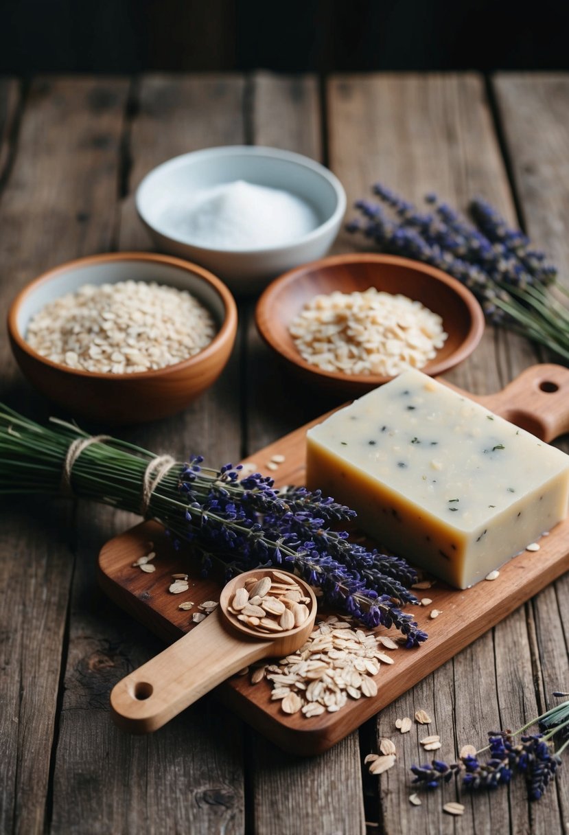 A wooden table with lavender, oatmeal, and soap-making ingredients and tools