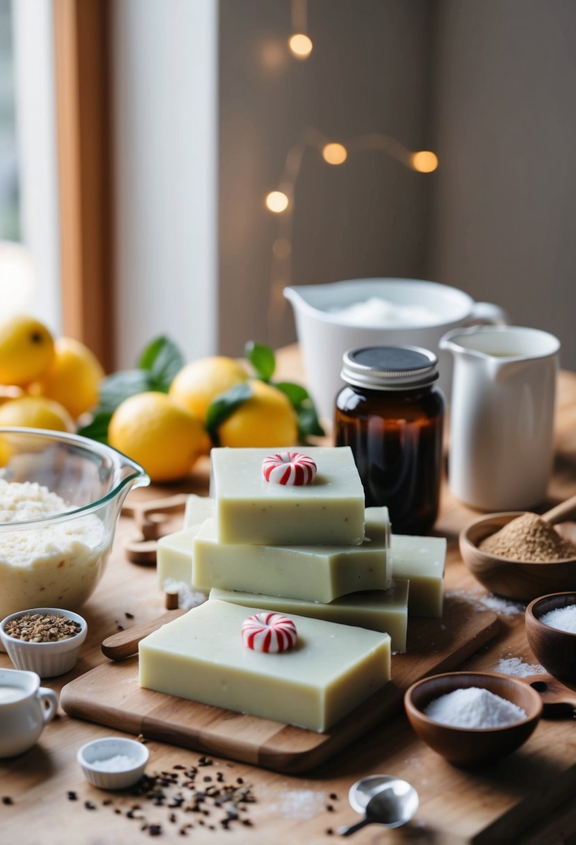 A table filled with ingredients and tools for making peppermint cream soap using cold process method