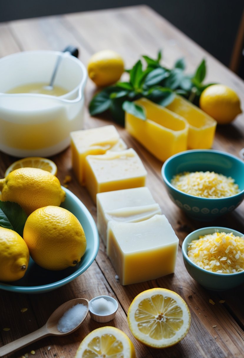 A table filled with ingredients and equipment for making Lemon Rosehip Soap using cold process method