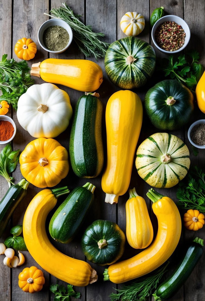 A colorful array of freshly harvested spaghetti squash and zucchini arranged on a rustic wooden table, surrounded by vibrant herbs and spices