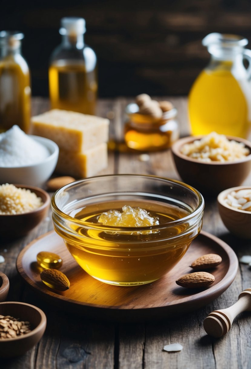 A glass bowl filled with honey and almond oil sits on a wooden table surrounded by various soap-making ingredients and tools