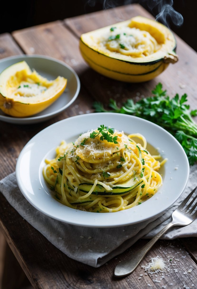 A steaming plate of spaghetti squash and zucchini Alfredo, garnished with fresh herbs and grated cheese, sits on a rustic wooden table