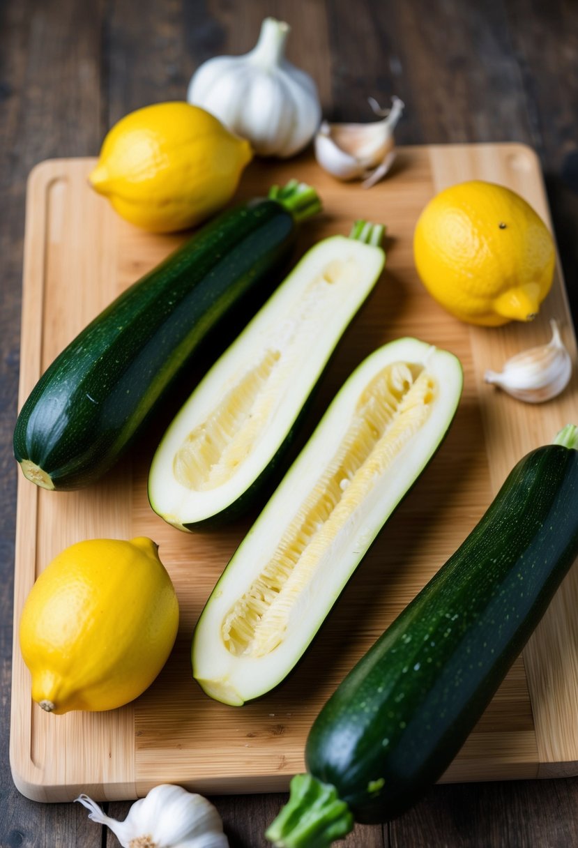 A wooden cutting board with sliced zucchini and spaghetti squash, surrounded by fresh lemons and garlic cloves