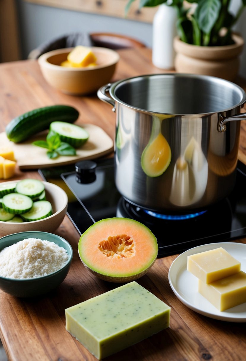 A wooden table with various soap making ingredients, including cucumber and melon, laid out in an organized manner. A large stainless steel pot sits on a stove, ready for the cold process soap making