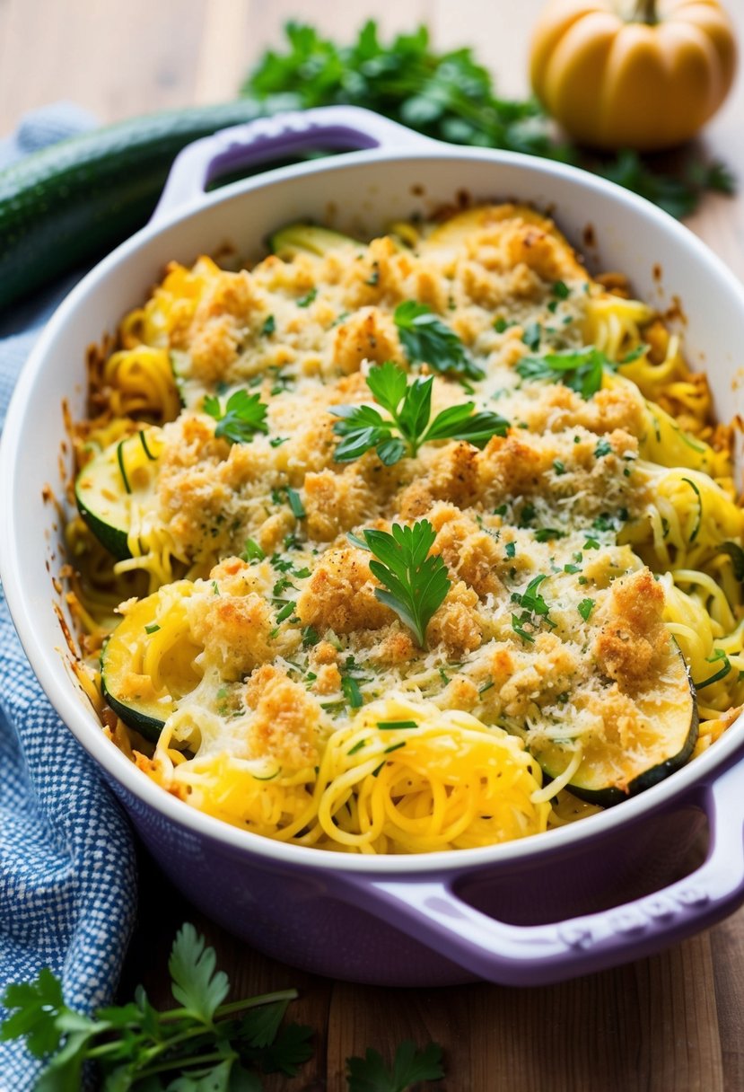 A colorful casserole dish filled with cheesy spaghetti squash and zucchini, topped with golden breadcrumbs, fresh herbs, and melted cheese