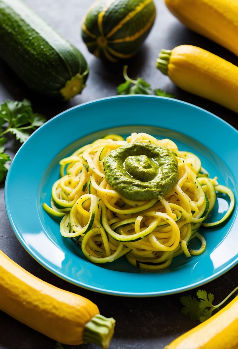 A colorful plate of spaghetti squash zoodles topped with vibrant green pesto sauce, surrounded by fresh zucchini and squash