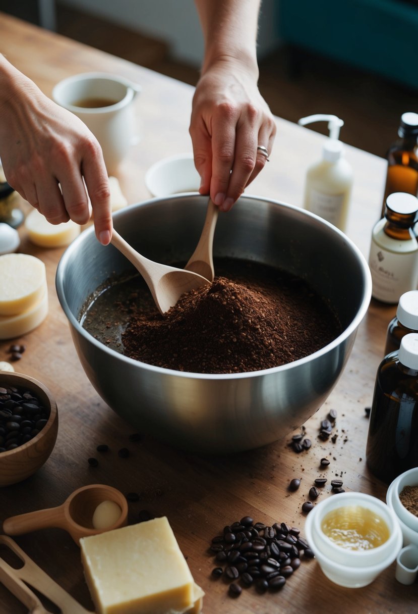 A pair of hands mixing coffee grounds and oils in a large bowl, surrounded by soap-making ingredients and equipment on a wooden table