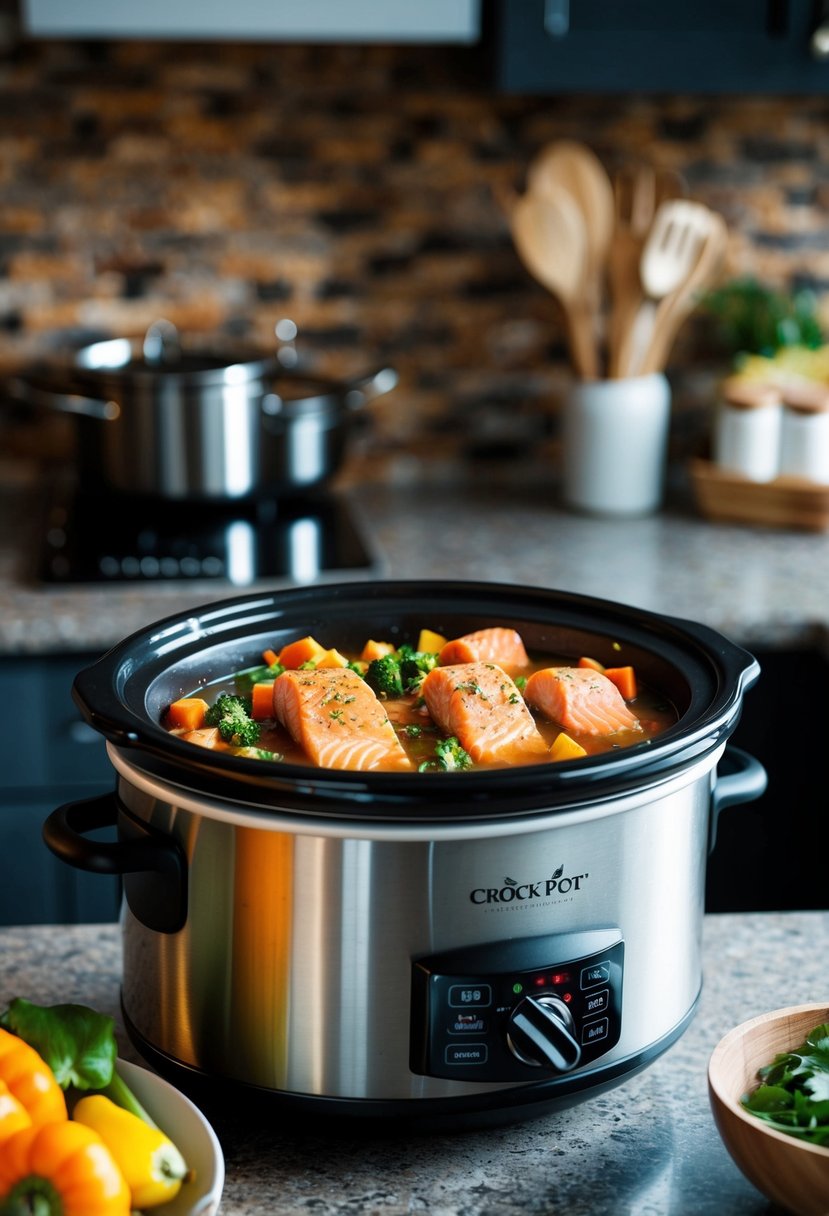 A crock pot filled with salmon, vegetables, and seasonings simmering on a kitchen counter