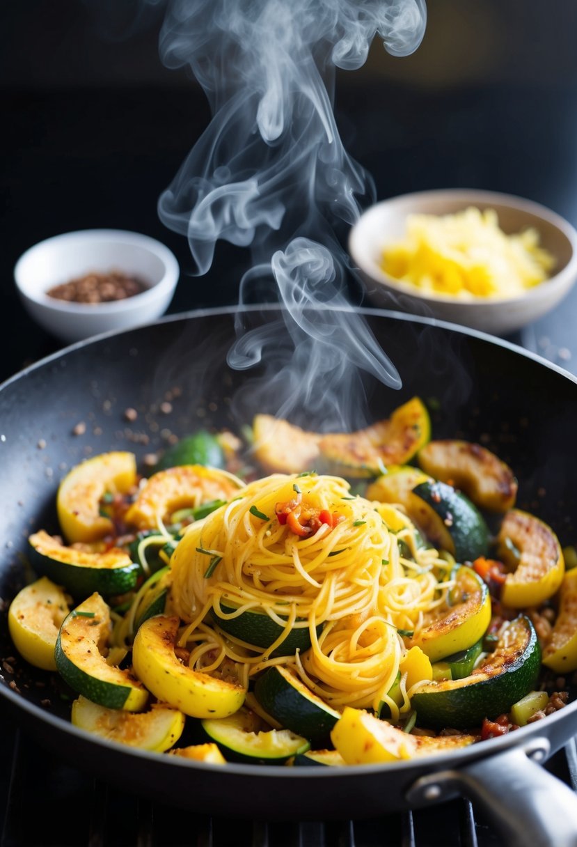 A sizzling stir fry pan filled with spaghetti squash, zucchini, and spicy seasonings, emitting aromatic steam