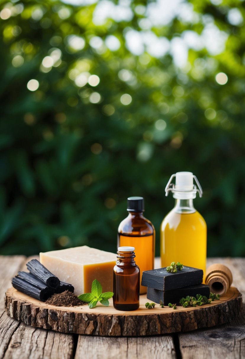 A rustic wooden table with various soap making ingredients and tools, including charcoal and tea tree oil, set against a backdrop of greenery