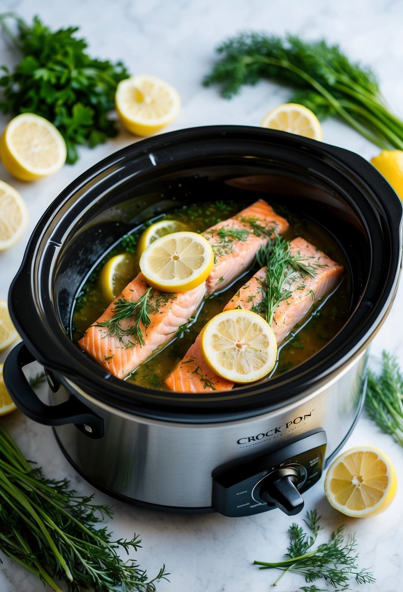 A crock pot filled with lemon-dill salmon, surrounded by fresh herbs and sliced lemons