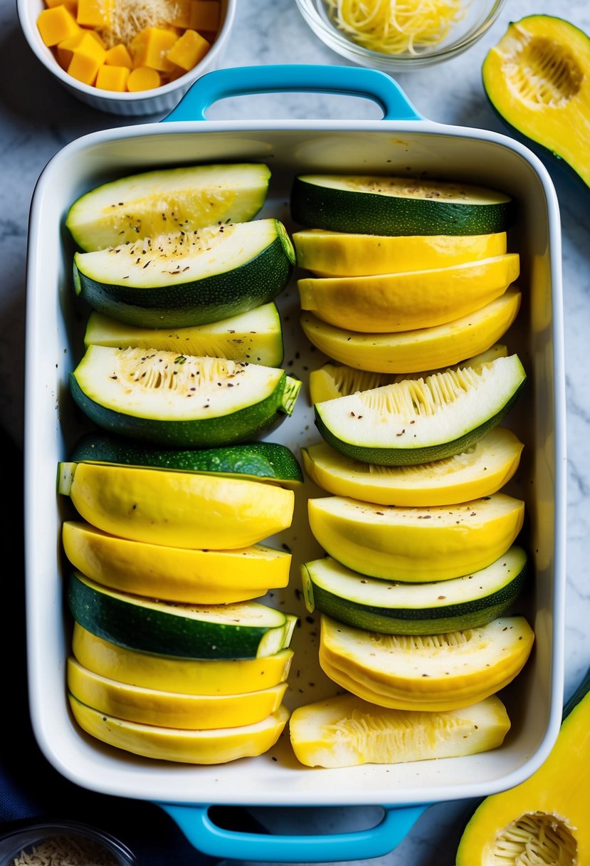 A colorful array of sliced zucchini, squash, and spaghetti squash arranged in a baking dish, ready to be seasoned and baked