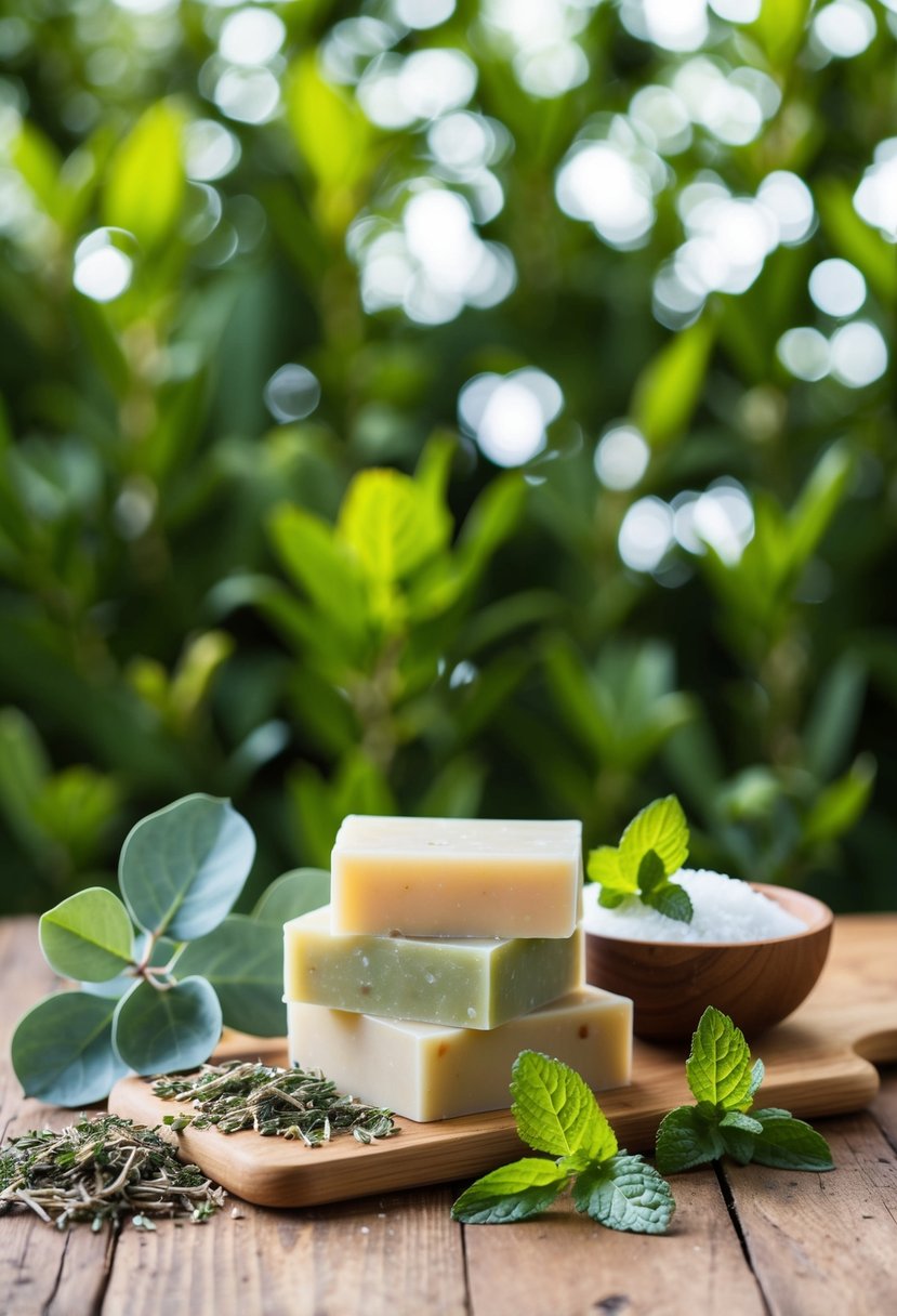 A wooden table with various soap making ingredients and tools, including eucalyptus leaves and mint leaves, set against a backdrop of greenery