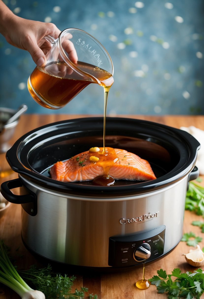 A salmon fillet being placed into a crock pot with honey and garlic sauce being drizzled over it. Vegetables and herbs scattered around