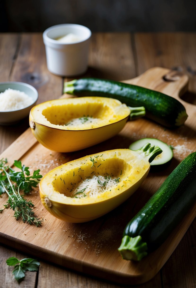 A rustic kitchen scene with a halved spaghetti squash, zucchini, and a sprinkle of Parmesan and herbs on a wooden cutting board