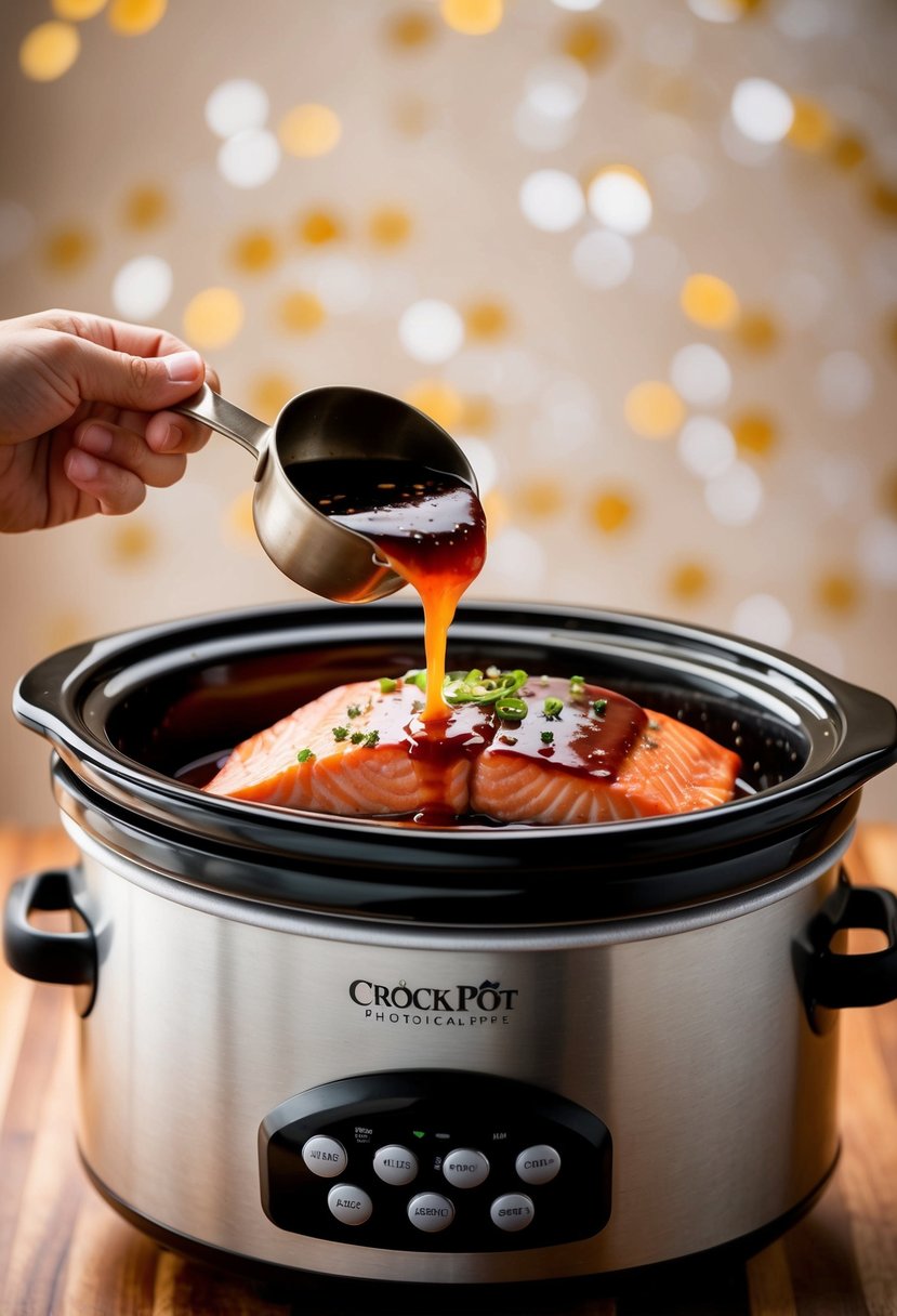 A salmon fillet being glazed with teriyaki sauce in a crock pot