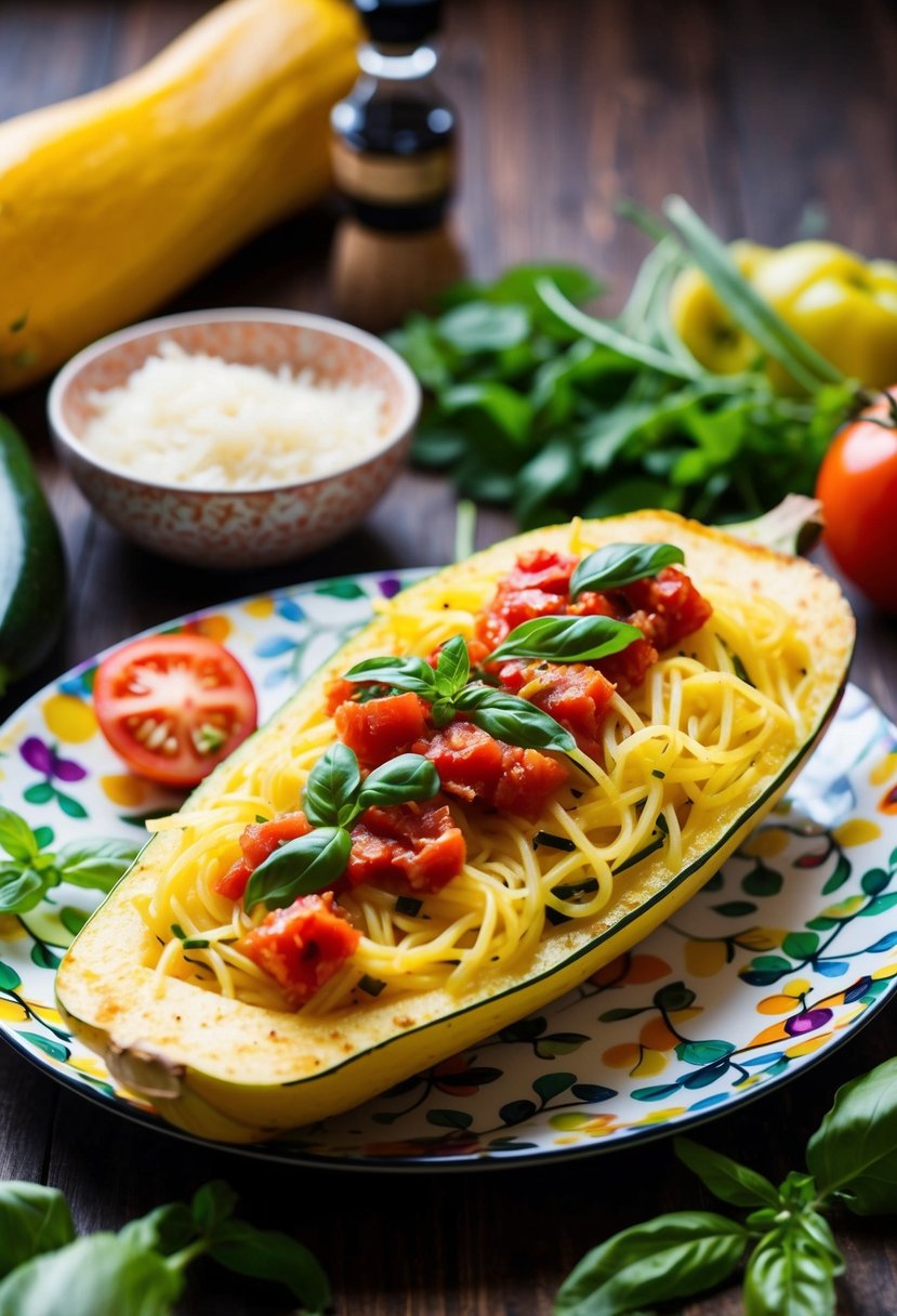 A colorful plate of spaghetti squash topped with zucchini tomato basil sauce, surrounded by fresh ingredients and herbs