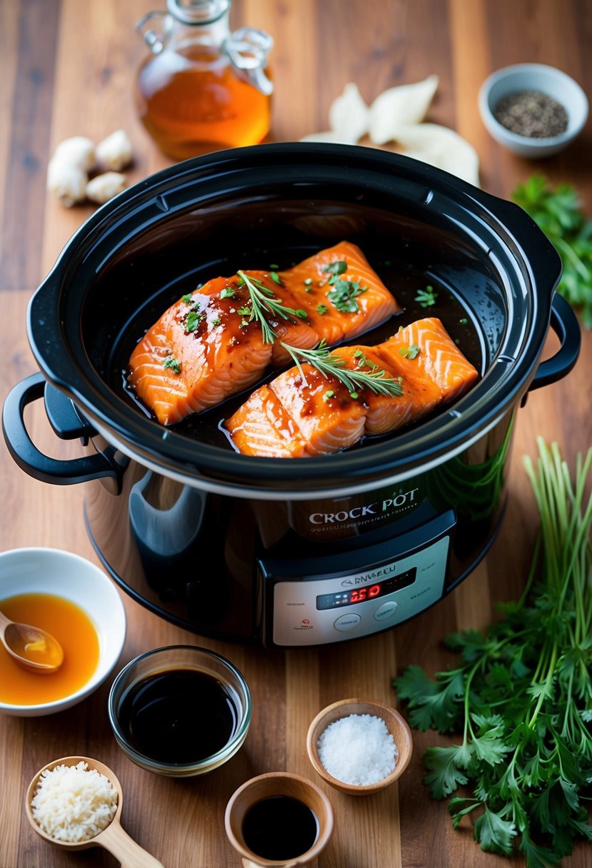 A crock pot filled with maple soy glazed salmon, surrounded by ingredients like maple syrup, soy sauce, and fresh herbs