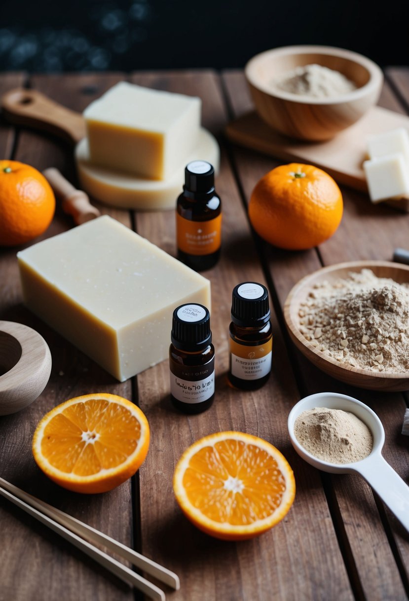 A wooden table with various soap making ingredients and tools laid out, including sweet orange essential oil and clay powder