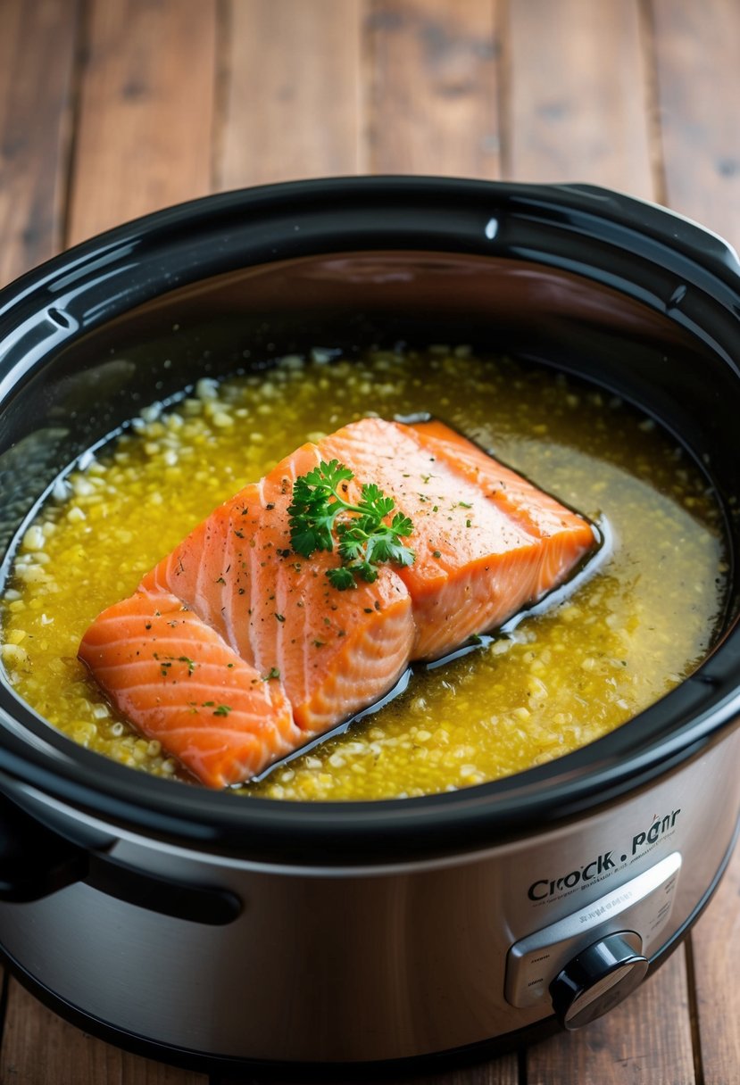 A salmon fillet submerged in a pool of garlic butter inside a crock pot