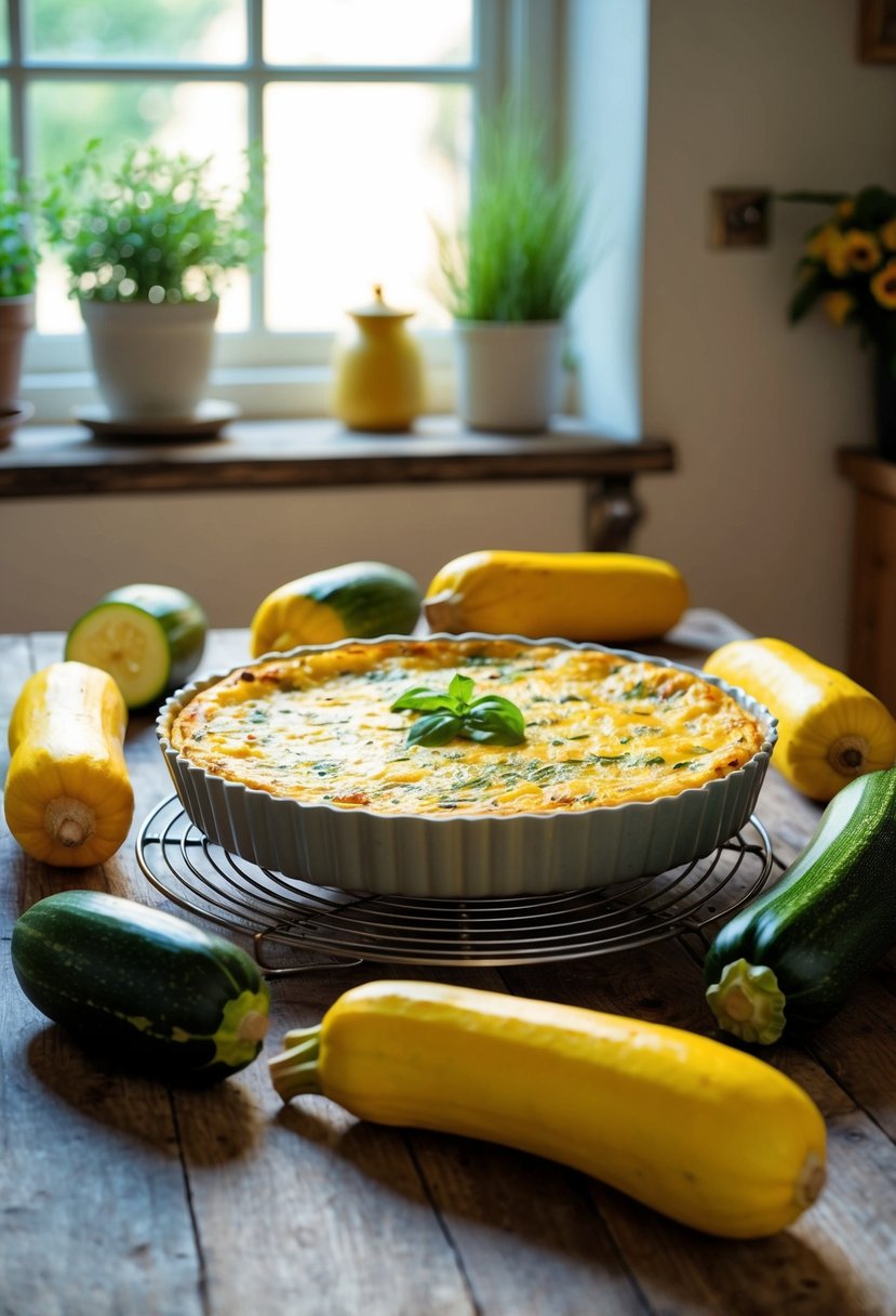 A rustic kitchen table with a colorful frittata surrounded by fresh spaghetti squash and zucchini. Sunlight streams in through a window, casting soft shadows