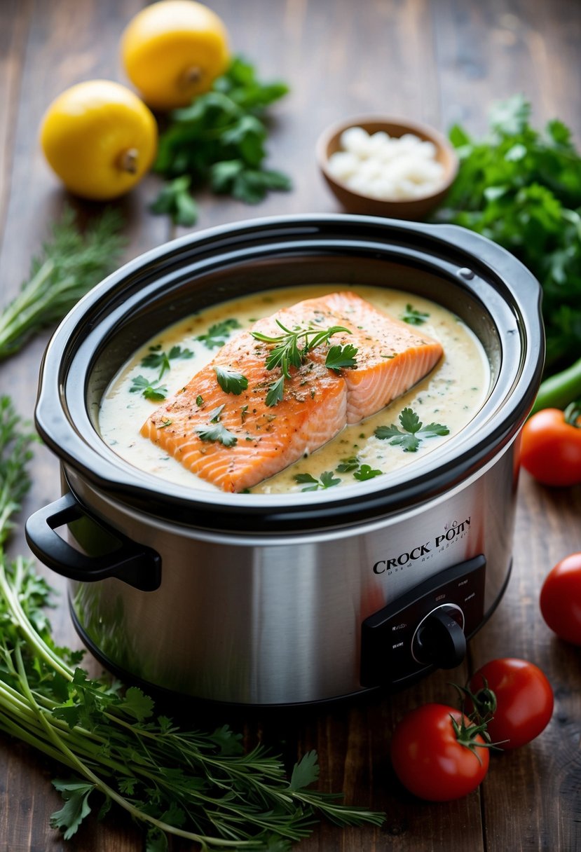 A crock pot filled with creamy Tuscan salmon, surrounded by fresh herbs and vegetables